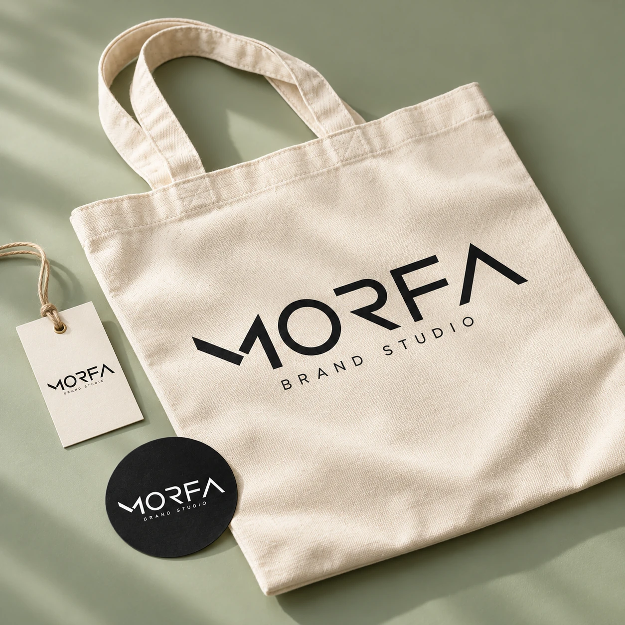 Mockup de tote bag, etiqueta y sticker con el logotipo de Morfa Brand Studio