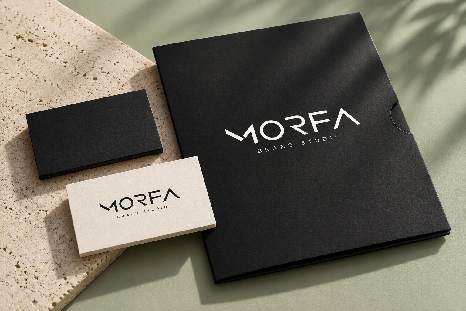 Mockup de carpeta negra y tarjetas con el logotipo geométrico de Morfa Brand Studio
